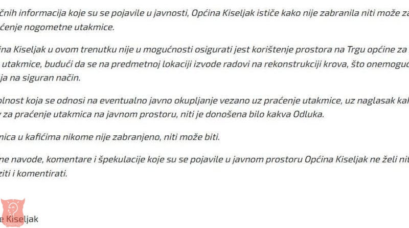 Načelnik Općine Kiseljak reagovao na navode o zabrani gledanja utakmice